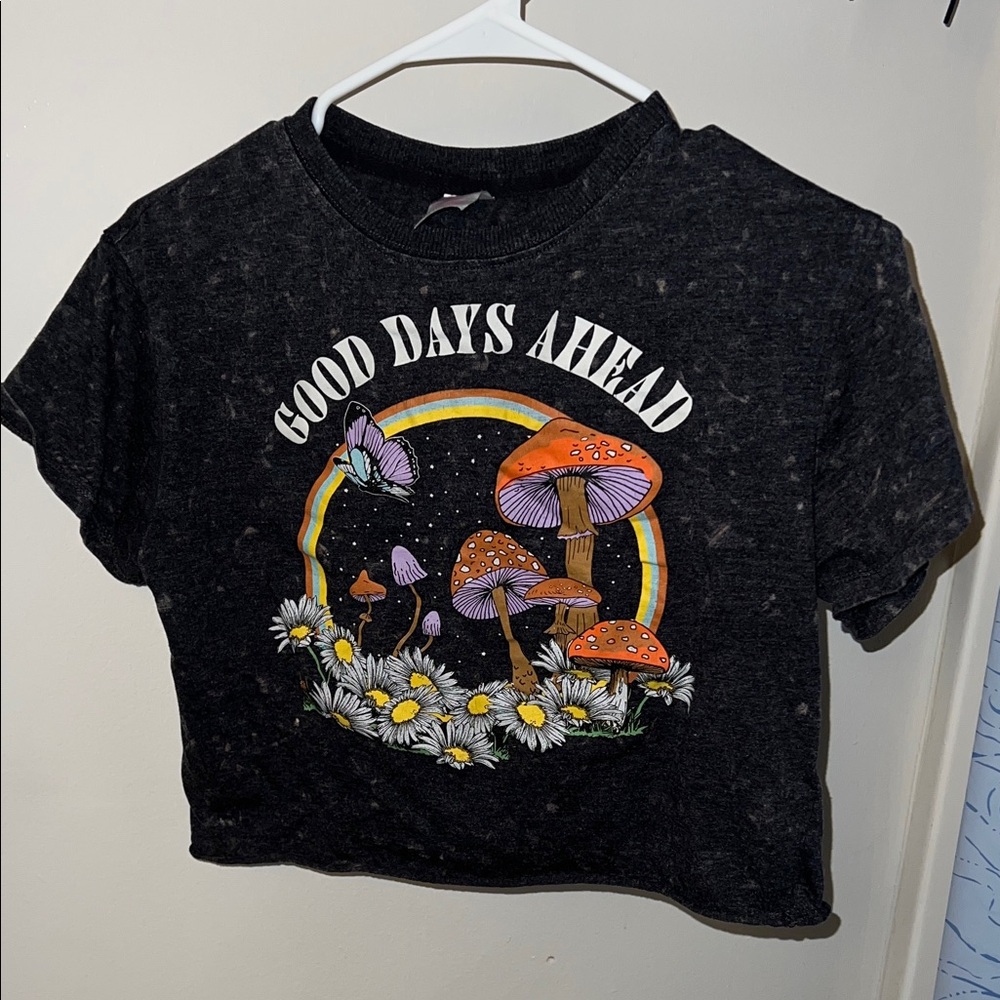 No Boundaries Black Graphic Crop Top with Mushrooms and Daisies